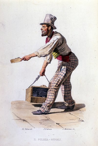 Nápoly kisvállalkozása: a cipőtisztító. Metszet F. Palizza festménye után. Francesco de Bourcard „” Costumi del regno di Napoli” című művéből” alkotó: Filippo Palizzi