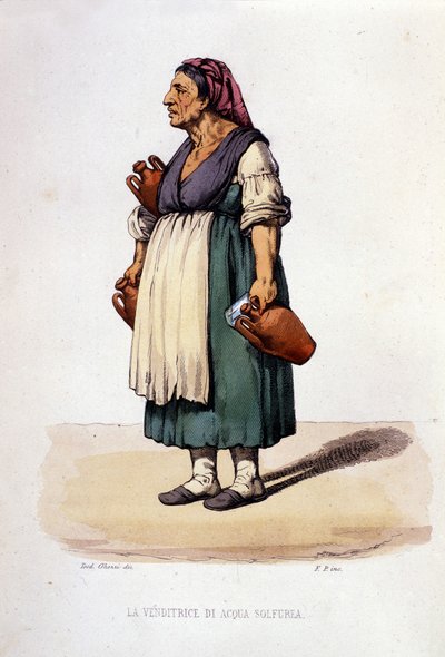 Nápoly kisvállalkozása: kénes víz sétáló eladónője. Metszet F. Palizza festménye után. Francesco de Bourcard „” Costumi del regno di Napoli” című művéből” alkotó: Filippo Palizzi