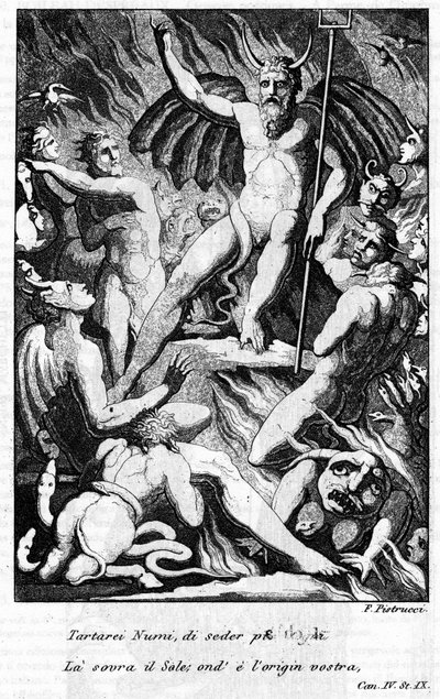 Illusztráció Torquato Tasso (a bögre néven ismert) „The Jerusalem Delivree” című jelenetéről. "" Tartarei Numi, hogy méltóbban üljön a Nap felett... "" IV. ének. Illusztráció: Filippo PISTRUCCI (1782-1859). alkotó: Filippo Pistrucci
