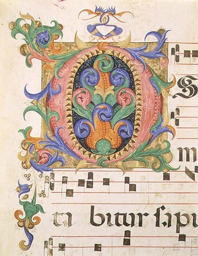 Missál 515 f.123r Lombokkal és fantasztikus madarakkal díszített „O” kezdőbetű, részlet egy 1449 előtt készült kóruskönyvből (vellum) alkotó: Filippo di Matteo Torelli
