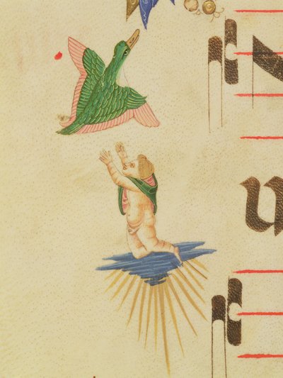 Missál 515 f.13v Köpenyes kerub, aki egy repülő madarat próbál elkapni, dekoratív szegélyről, részlet az 1449 előtt készült kóruskönyvből 56721 vellum részlet alkotó: Filippo di Matteo Torelli