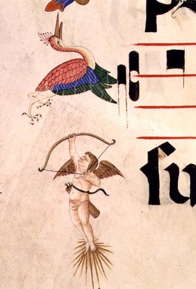 Missál 515 f.5r Kerub gólyára lő íjjal és láthatatlan nyílvesszővel, díszítő szegélyrészlet egy 1449 előtt készült kóruskönyvből (vellum) alkotó: Filippo di Matteo Torelli