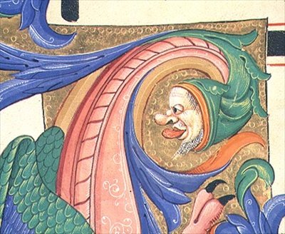 Missál 515 f.73v Zoomorf lombozat, amely arcot húzó férfifejet ábrázol, részlet az 1449 előtt készült kóruskönyv történeti iniciáléjának díszítéséből (vellum) alkotó: Filippo di Matteo Torelli