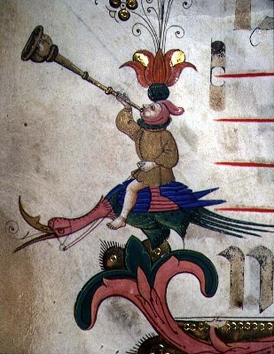 Missal 515 f.9r Kürtöt fújó figura, felerősített madárra szerelve, 1449 előtt készült Kóruskönyv díszszegélyének részlete (88907 részlet) alkotó: Filippo di Matteo Torelli