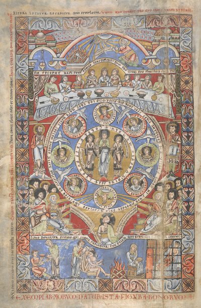Hozzáadás. 17738, f.3v Jób könyve nyitóverseinek exegézise, illusztráció a Floreffe Bibliából, Meuse Valley, 1155 körül (tinta, szín és arany pergamen) alkotó: Flemish School