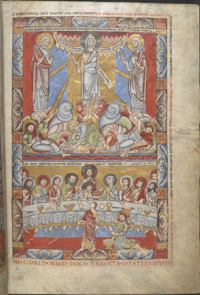 Hozzáadás. 17738, f.4 Egész oldalas miniatűr két regiszterben, Krisztus színeváltozásáról és az utolsó vacsoráról, illusztrációk a Floreffe Bibliából, Meuse Valley, 1155 körül (tinta és színes és arany pergamen) alkotó: Flemish School
