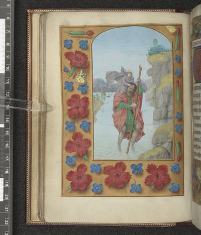 Add hozzá az MS 54782 f.48v Saint Christopher illusztrációt a „Hastings Hours, Adoration of Kings and Largesse” c.1475-83 (vellum) alkotó: Flemish School