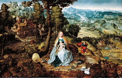 Kiterjedt táj a The Rest on the Flight to Egypt, Antwerpen School, 1520 körül alkotó: Flemish School