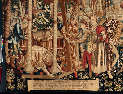 Katedrális (The Seo. Ca katedrális a Megváltó Zaragoza). A gobelinmúzeum. Flamand kárpit. A Szent Kereszt legendája (The legend of the Holy Cross, of legend of the Holy Cross). Részlet. kb. 1450. 430x1120cm. alkotó: Flemish School