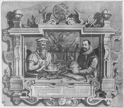 Gerard Mercator (1512-94) és Jodocus Hondius (1563-1612) kettős portréja, amelyet a Mercator és Hondius atlaszsorozatba vésve, 1619 (lásd még: 10457 és 30866) alkotó: Flemish School