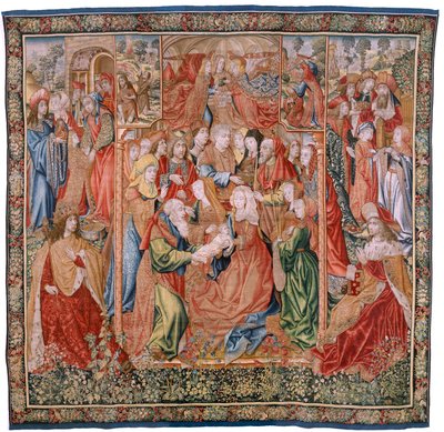 Flamand kárpit. Sorozat epizódok a Szűz életéből; Bemutató a templomban (Presentación en el Templo). A sorozat második kárpitja. Jan van Roome-nak (vagy van Brusselnek) tulajdonított modellek. Gyártás Pieter van Aelst, Brüsszel. Körülbelül 1502-1504. alkotó: Flemish School