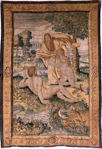 Flamand kárpit. Genesis vagy A teremtő ember sorozat. Isten megteremti a Nőt, és bemutatja Ádámnak (Dios crea a la mujer y la presenta a Adán). Modell Michiel Coxcie alapján. Gyártás Jan Aerst Brüsszelben. 1630 körül. Szövet Selyem és gyapjú. alkotó: Flemish School