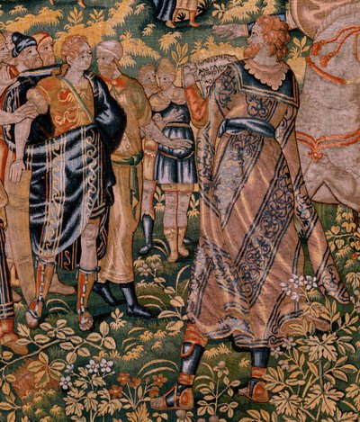 Flamand kárpit. Sorozat Cyrus története. No II Astyages felismeri Cyrust (Ciro reconocido por Astiages). Anonymous, Michiel Coxcie alapján. Atelier Antwerpen. Selyem és gyapjú. 1590 körül. alkotó: Flemish School