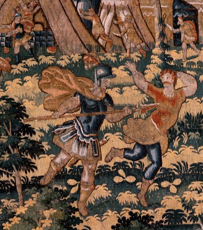 Flamand kárpit. Sorozat Cyrus története. No V Combat két harcos és Cyrus halála (Combate de dos guerreros y muerte de Ciro). Anonymous, Michiel Coxcie alapján. Atelier Antwerpen. Selyem és gyapjú. 1590 körül. alkotó: Flemish School