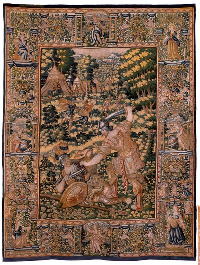 Flamand kárpit. Cyrus története című sorozat. No V Combat két harcos és Cyrus halála (Combate de dos guerreros y muerte de Ciro). Anonymous, Michiel Coxcie alapján. Atelier Antwerpen. Selyem és gyapjú. 1590 körül. alkotó: Flemish School