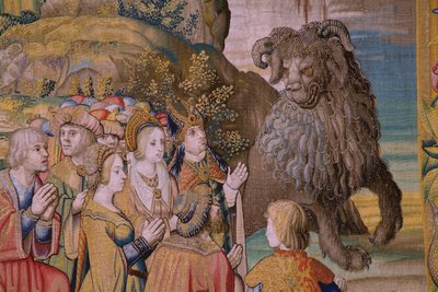 Flamand kárpit. Az Apokalipszis sorozat: Szent Mihály legyőzi a sárkányt. Atelier Willem Dermoyen, Brüsszel. Körülbelül 1553-1555. Részlet. alkotó: Flemish School
