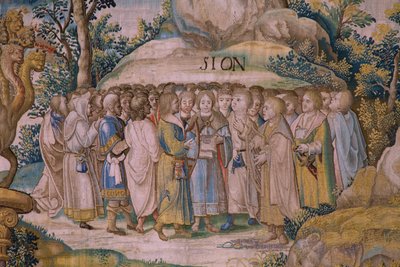 Flamand kárpit. Az Apokalipszis sorozat: Szent Mihály legyőzi a sárkányt. Atelier Willem Dermoyen, Brüsszel. Körülbelül 1553-1555. Részlet. alkotó: Flemish School