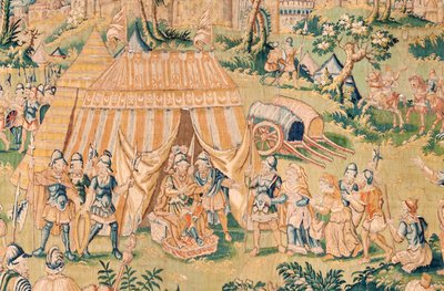 Flamand kárpit. Sorozat Judit könyve. Judit Holofernész előtt (Judith ante Holofernes). A sorozat ötödik kárpitja. Gyártás Hollandia, Brüsszel(?). 16. század második fele. Szövet Gyapjú. Hely Bari Szent Miklós temploma (musz alkotó: Flemish School