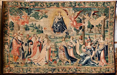 Flamand kárpit. A jégeső sorozat. Salve Regina. Brüsszeli műhelyek gyártása, lehetséges Marc Crétif gyártása. Kb 1528. Mérete 412 x 652 cm. Szövet Selyem és gyapjú. Helyszín Palencia katedrálisa. Eredet Fonseca püspök hagyatéka 1529-ben alkotó: Flemish School