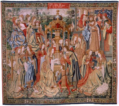 Flamand kárpit. Dávid és Betsabé története sorozat. Bathseba a fürdőjében (Betsabé en el baño sorprendida por David). A sorozat első panelje. Névtelen modell. Ismeretlen gyártás, Brüsszel alkotó: Flemish School