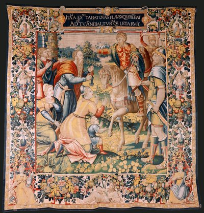Flamand kárpit. Sorozat Hannibal története. Hannibal Olaszországban (Aníbal en Italia). A megőrzöttek harmadik kárpitja. Modellek Névtelen Hollandia mestere. Brüsszel gyártása, műhelye. 1570 körül. Szövet Gyapjú és selyem. 6,5/7 vetemek cm-enként. Méret alkotó: Flemish School
