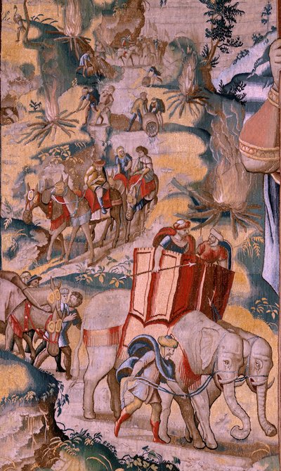 Flamand kárpit. Sorozat Hannibal története. Átkelés az Alpokon (Paso de los Alpes). Második kárpit a megmaradtak közül. Modellek Névtelen Hollandia mestere. Brüsszel gyártása, műhelye. Kb. 1570. Szövet Gyapjú és selyem, 6,5/7 lánc per alkotó: Flemish School
