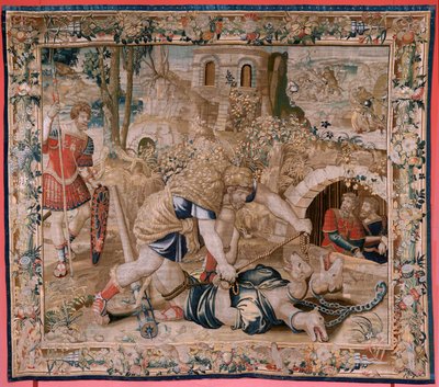 Flamand kárpit. Herkules munkássága sorozat. Herkules elfogja Cerberust (Hércules captura a Cancerbero). Hatodik kárpit a fennmaradt sorozatban. Modell Ismeretlen. Gyártás Willem Dermoyen, Brüsszel. Ca1528. Szövet Selyem és gyapjú. Mérete 345 x 390 cm. Loc alkotó: Flemish School