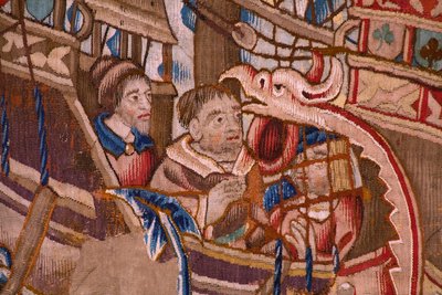 Flamand kárpit. Sorozat A portugálok Indiában: Az érkezés Calicutba (A kalicuti Aankomsttól, Llegado de Vasco de Gamától Lisszabonig). 1510 körül. Caixa Geral de Depósitos Gyűjtemény, Lisszabon. Részlet. alkotó: Flemish School