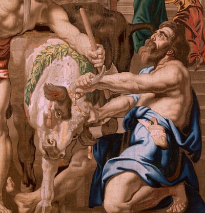 Flamand kárpit. Az Eucharisztia diadala sorozat. Az Eucharisztia győzelme a pogány áldozatokon (Victoria de la Eucaristía sobre los sacrificios paganos). A sorozat negyedik kárpitja. Peter Paul Rubens modell. 1626-1628. Gyártás Jan II Raes, Jac alkotó: Flemish School