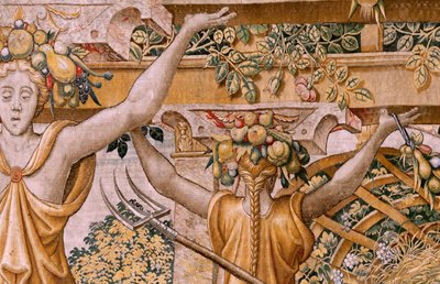 Flamand kárpit. Vertumnus és Pomona sorozat. No II Vertumnus gazdálkodóvá alakult át (Vertumno y Pomona II Vertumno transformado en agricultor) no1 bal rész. Pieter Coecke Van Aelst és Léonard Thiry modellek köre. Ismeretlen műhely, Brüsszel. Arany, alkotó: Flemish School