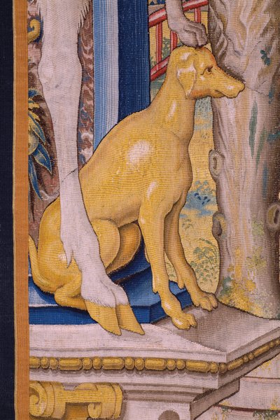 Flamand kárpit. Vertumnus és Pomona sorozat: A Vertumnus gazdálkodóvá alakult át (Vertumnus mint farmer, Vertumno transformado és agricultor). Willem de Pannemaker stúdió. kb 1545-1550. Részlet. alkotó: Flemish School