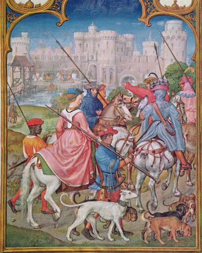 Fol.8v Augusztus hónap: Indulás vadászatra, a Breviarium Grimaniból, 1515 körül alkotó: Flemish School