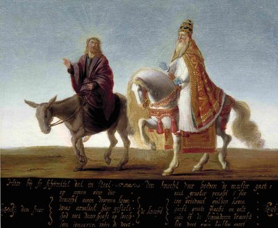 ""Jézus a szamáron ábrázolva a gazdagon öltözött pápa mellett a lovon"" Lutheránus karikatúra a pápával szemben - Névtelen festmény alkotó: Flemish School