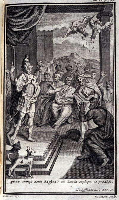 A Jupiter két sast küld: egy cumi magyarázza ezt a csodagyereket. Lusztráció a Homérosz Odüszeusának II. könyvéhez, az Odüsseeben, 1731-ben Amszterdamban, Collection privee Milan. alkotó: Flemish School