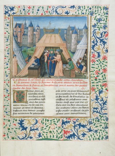 MS W201 f.147 Békeszerződés a Chroniques dAngleterre-től (IV. kötet) 1475-80 (tempera pergamen) alkotó: Flemish School