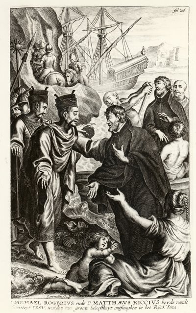 Michael Rogerius (1543-1607) és Matthaeus Riccius (1552-1610) Kína partjaira érkeznek, illusztrációja P. Cornelius Hazart egyháztörténetéből, megjelent Antwerpenben, 1668 alkotó: Flemish School