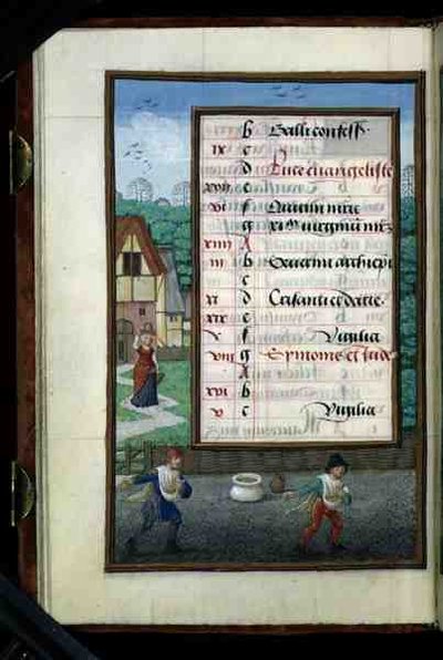 Ms 1058-1975 f.10v Két férfi kukoricát vet, illuminált naptárlap októberre, egy Órakönyvből, 1500 körüli (pergamen) alkotó: Flemish School