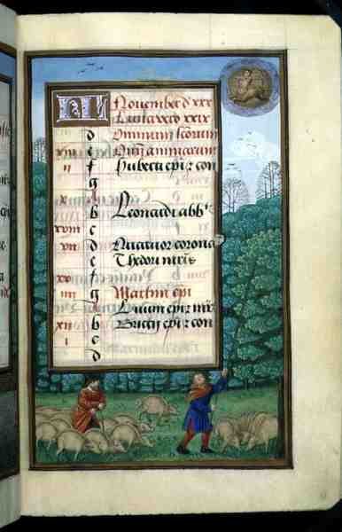 Ms 1058-1975 f.11r Disznóhajtás és tölgyverés, novemberi illuminált naptárlap egy 1500 körüli Órakönyvből (pergamen) alkotó: Flemish School