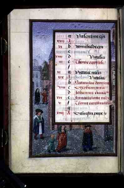 Ms 1058-1975 f12v Hó az utcán, decemberi illuminált naptárlap egy Órakönyvből, 1500 körül (pergamen) alkotó: Flemish School