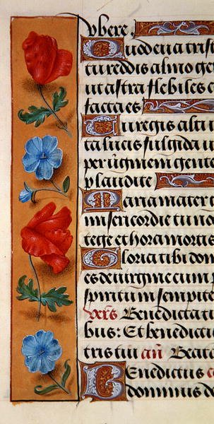 Ms. 1058-1975, f.16r: virágos szegély részlete egy Órakönyvből, 1500 körül (vellum) alkotó: Flemish School