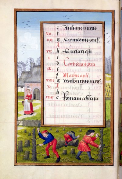Ms 1058-1975 f2v Fák kivágása és köcsögök kötözése, egy órakönyvből, 1500 körül alkotó: Flemish School