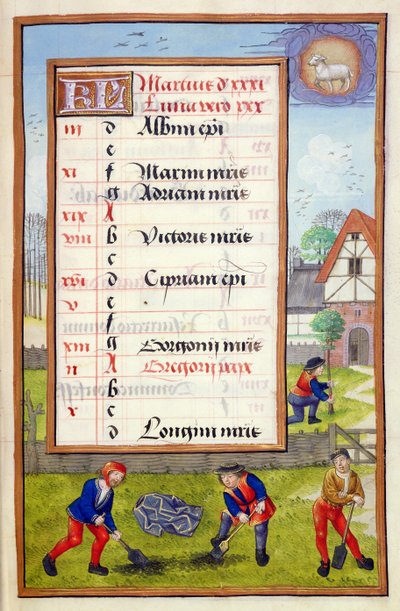 Ms 1058-1975 f3r Ásás és faültetés, megvilágított márciusi naptároldal, az Órakönyvből, 1500 körül alkotó: Flemish School