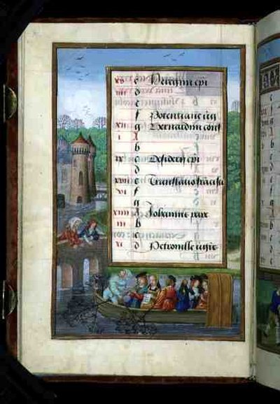 Ms 1058-1975 f5v Csónakázó társaság a folyón, májusi naptárlap, egy 1500 körüli órakönyvből (pergamen) alkotó: Flemish School
