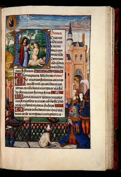 Ms 1058-1975, f.74r: Dávid király a Szűzanyához és a Gyermekhez imádkozik, valamint Éva teremtését ábrázoló történeti D kezdőbetű, az Órák könyvéből, Brugge, 1510 körül (arany tinta és tempera pergamenen) alkotó: Flemish School