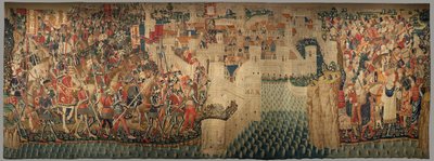 Plébániai gobelinmúzeum (Parish Museum of Pastrana Tapestries). Flamand kárpit. Tanger meghódítása (Tanger bevétele, De inname van Tanger). Sorozat I. Alfonz portugál király hódításai. Tournai. Gyapjú és selyem alkotó: Flemish School