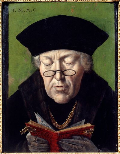 Thomas More (1478-1535) humanista portréja. A humanistát szemüveggel ábrázolják, aki könyvet olvas. A flamand iskola festménye alkotó: Flemish School