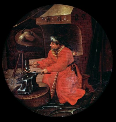 Egy kovács iparos ábrázolása a kovácsában, aki egy fémrudat üt az üllőre. A flamand iskola festménye. 16. század. alkotó: Flemish School