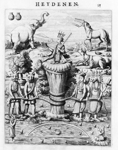 Samudramathana, Déva (Surya, Shiva, Vishnu, Brahma) részvételével démonokkal és lovagokkal. Baldaeus Philippus Afgoderye der oost-indische Heydenen szerint. Amszterdam 1672 alkotó: Flemish School