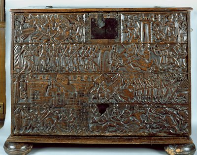 A Courtrai-láda, amely az 1302-ben, Courtraiban vívott Golden Spurs-csata jeleneteit ábrázolja (fa) alkotó: Flemish School