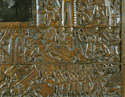 A Courtrai-láda, amely a május 18-i brugge-i felkelést ábrázolja, az 1302-ben, Courtraiban vívott aranysarkantyúi csata idején (fa) (részlet) alkotó: Flemish School